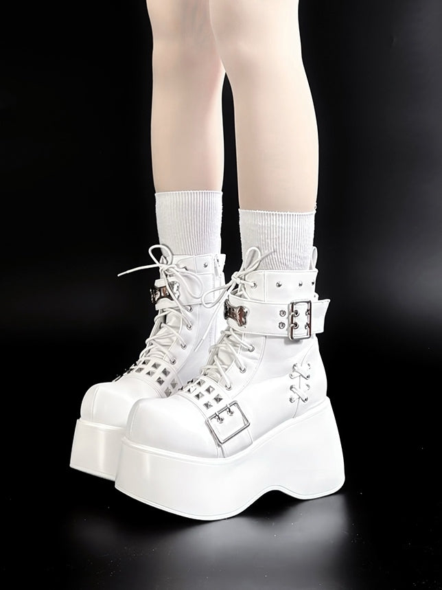 Matte White Punk Platform Boots – Stud, Bone & Lace-Up Strap Design