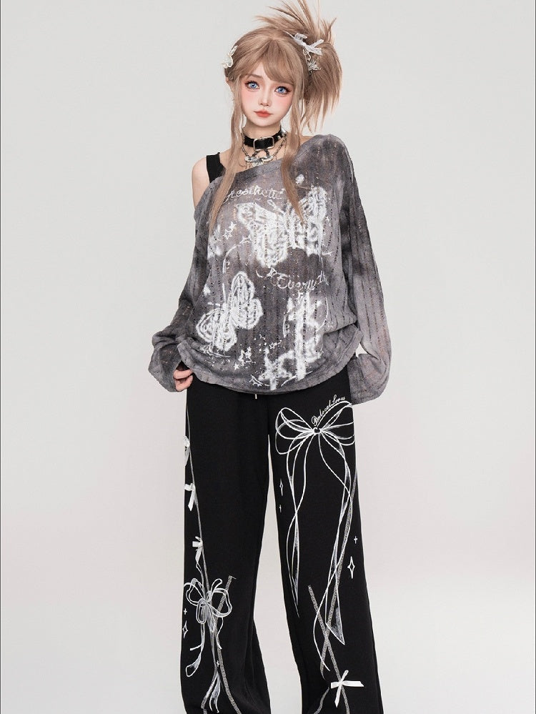 Grey/Brown Butterflies Asymmetrical Neckline Tie Dye Top