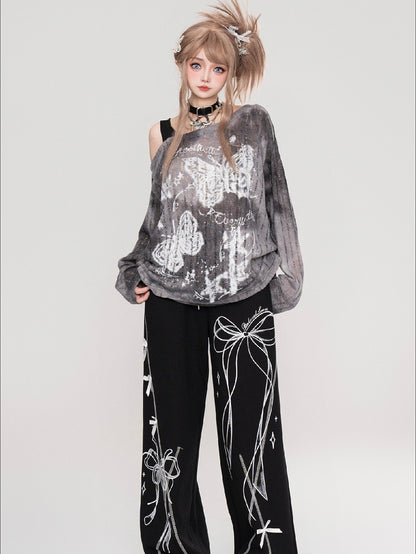 Grey/Brown Butterflies Asymmetrical Neckline Tie Dye Top