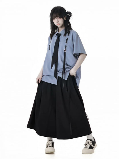 Stil Blau Preppy Krawatte Kurzarm Hemd mit Gratis