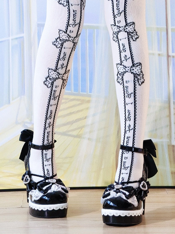 Bow Front - Lace Sparkling Lolita Sweet PU Edging Heels Black High in Heel Block Architectural with