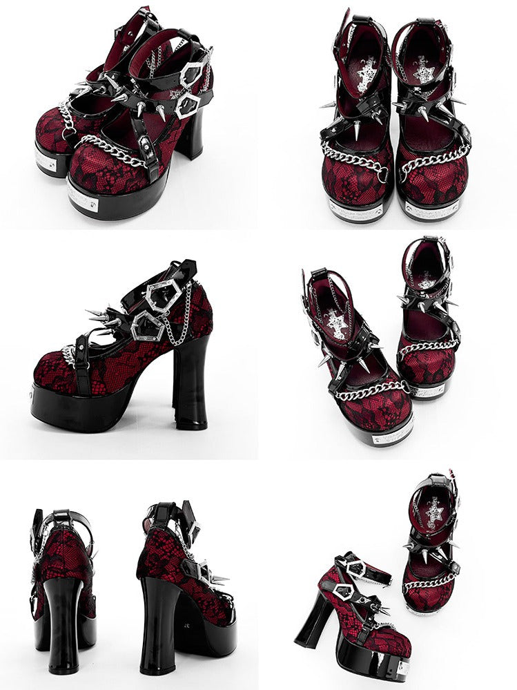 Wine Red Gothic Round Toe 11.5CM High Heels with Black Lace, Spikes & Coffin Buckles - Transfer Student
