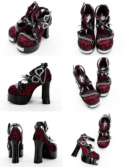 Wine Red Gothic Round Toe 11.5CM High Heels with Black Lace, Spikes & Coffin Buckles - Transfer Student