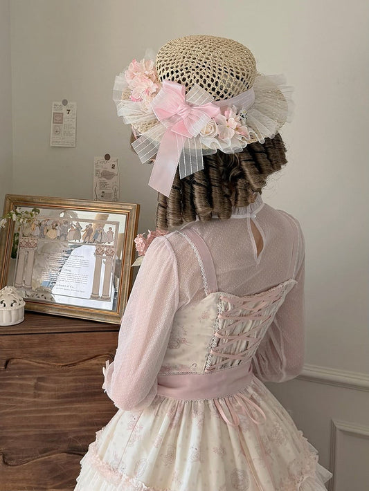 Tulle Trim Cottagecore Straw Hat with Flowers - Miss Point
