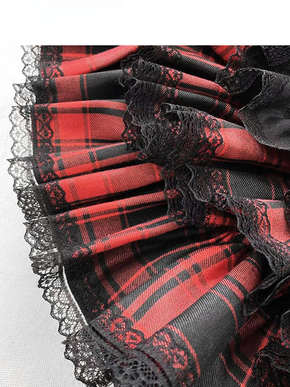 Y2K Redand ブラック チェック柄 レーストリム 太もも丈 裏地付き ティアードスカート