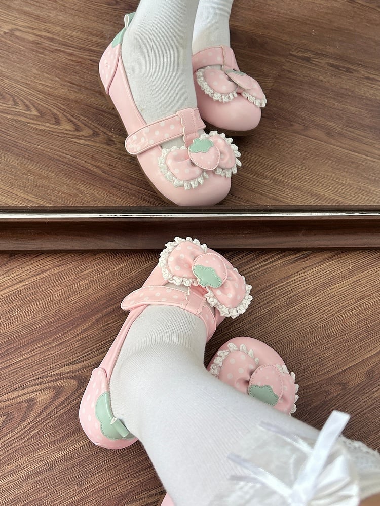 Leather Flat Strap Shoes - Lolita Closures PU T-Velcro Pink