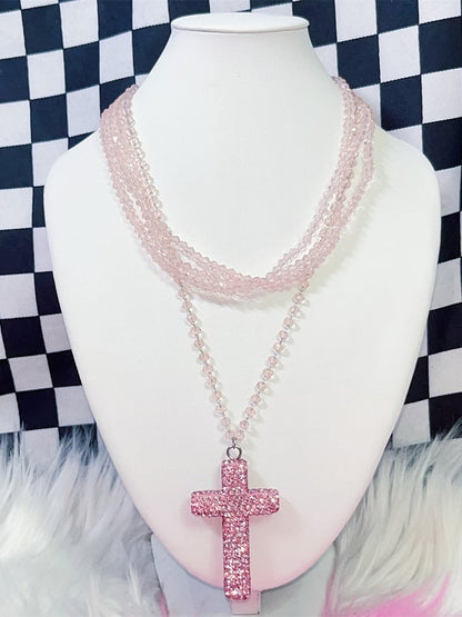 Necklace Layered Punk Pink/Blue Y2K Cross Rhinestone