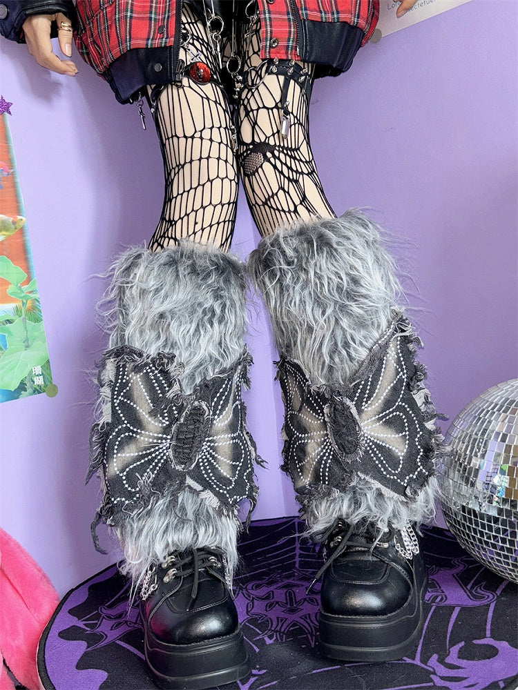 グレー Y2K バタフライアップリケ 40cm シャギーレッグウォーマー