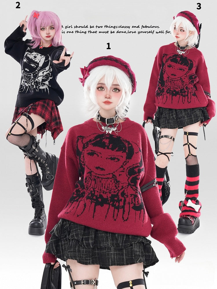 ワインレッド/ブラック Y2K ガール柄セーター（フリーチョーカー付き）