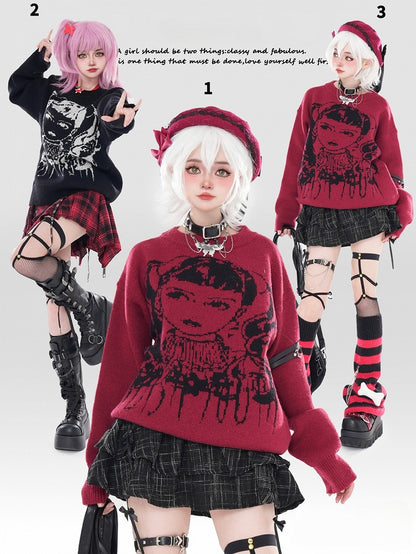 ワインレッド/ブラック Y2K ガール柄セーター（フリーチョーカー付き）