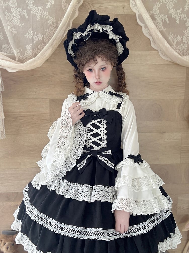 White Tiered Bell Sleeves Blouse with Peter Pan Collar and Lace Accents