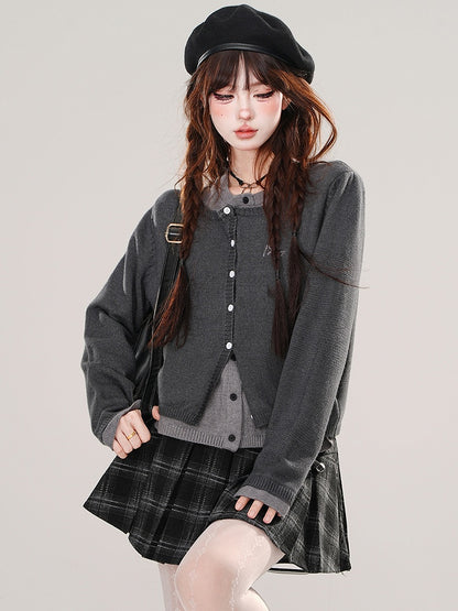 Blue/Dark Grey Fake Two-piece Cardigan