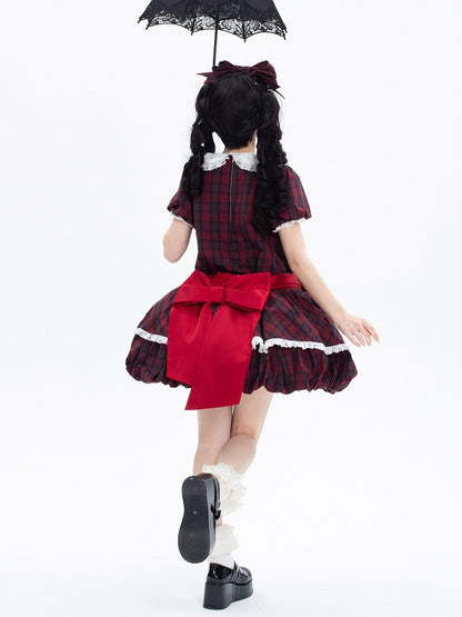 パターンパフスリーブレッドコットンバブルスカートチェック柄サマーロリータ