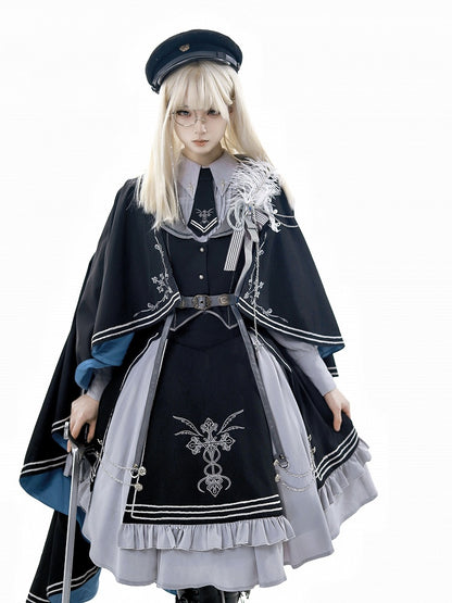 Hemd + Lolita-Westenärmel-Set - Schwarz, lang, grau und Militärrock