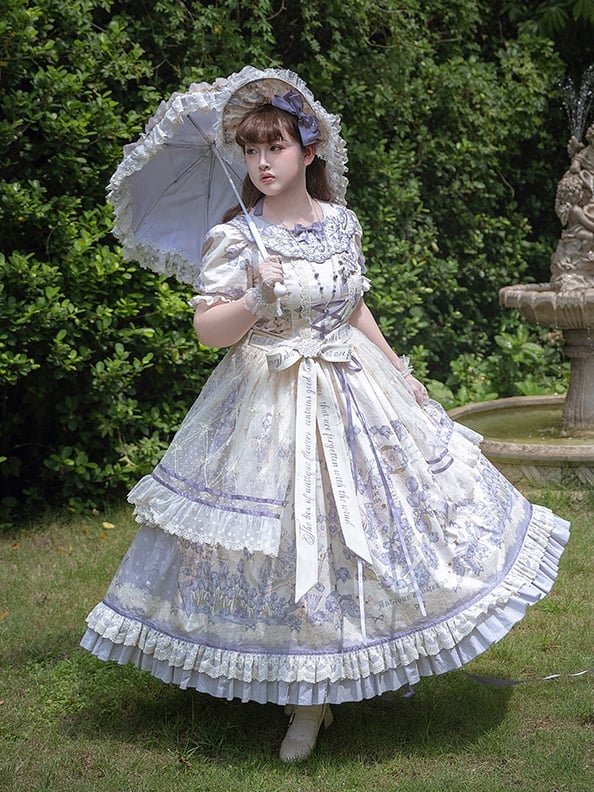 Plus Floral Purple Available Dress Short Lolita Embroidery Print Sizes and Classic Sleeves