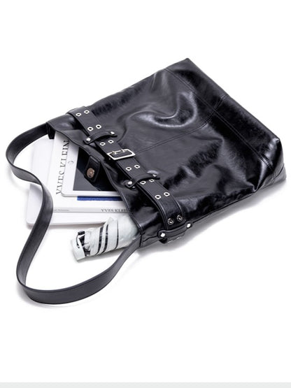 Elegant Black Tote Bag With Belt Buckle Accent - Perfect For Commuting