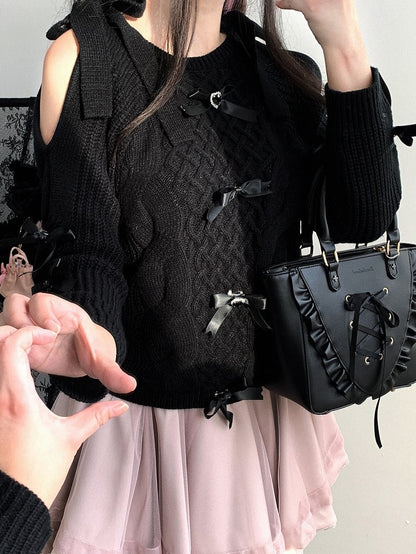 Blue Bow Accents Cutout Shoulder Landmine Style Sweater