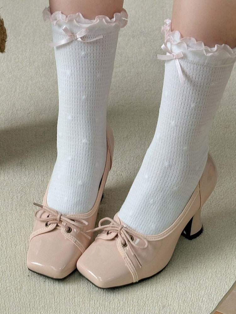 Heels Design Closure Toe PU - Glass-shaped Pink Wine High Elegant Square Lace-up