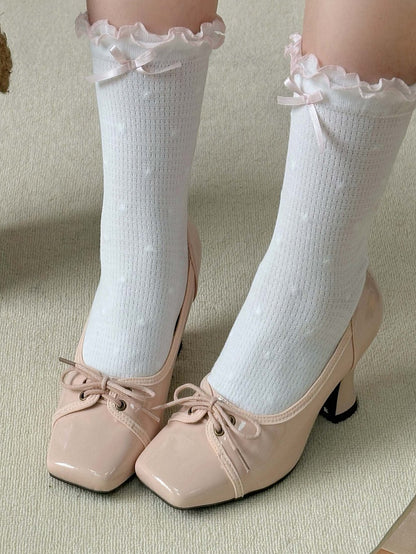 Heels Design Closure Toe PU - Glass-shaped Pink Wine High Elegant Square Lace-up