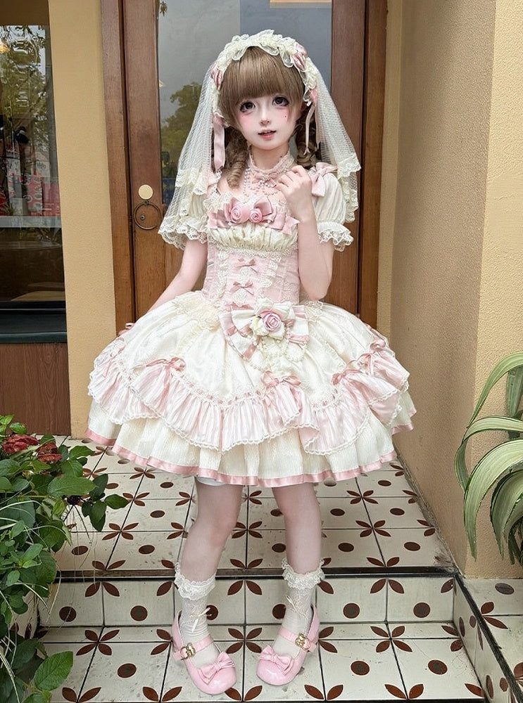 Veil Lace Bow Pink & White Lolita Hairband - Rose Weaving Poetry