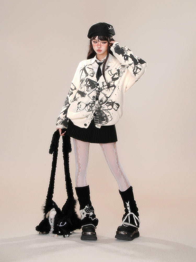 Pompoms Decorated Skirt Bowknot with Black/Gray/White Pleated Detachable