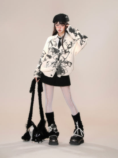 Pompoms Decorated Skirt Bowknot with Black/Gray/White Pleated Detachable