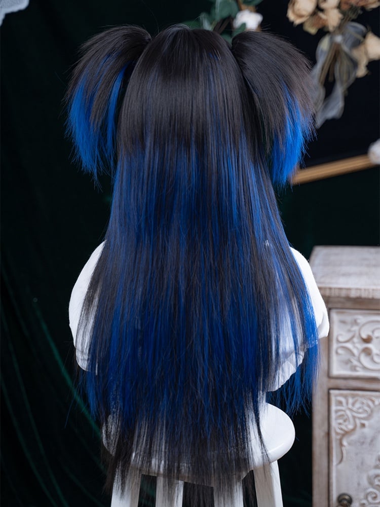 Highlights Ponytails Claw-Clip and Detachable Blue Black Wig with Synthetic