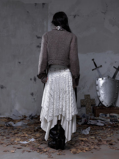 Straps Wool Coat with Tie Vintage Fabric Punk Leopard/Brown PU Reversible