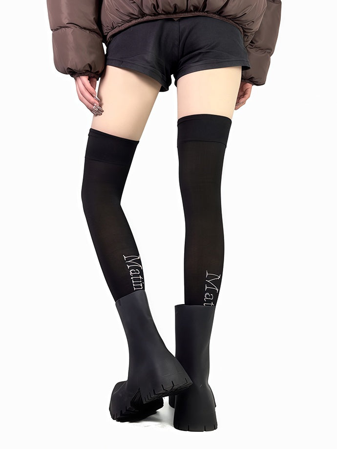 Weiß/Schwarz bedruckte Overknee-Strümpfe