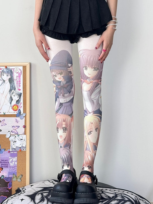 Girl White Cartoon Print Tights