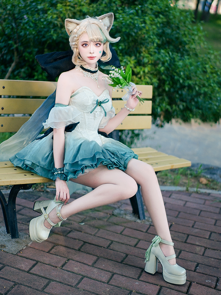 Abnehmbare Licht Plattform Grün Bowknot Valley High Heel die Stickerei Mary Janes Lily of Block