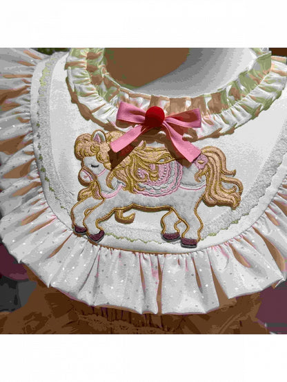 Cute Round Neck Bow Ruffle Dress with 3D Horse Embroidery in Pink & Purple - Sweet Dream Box
