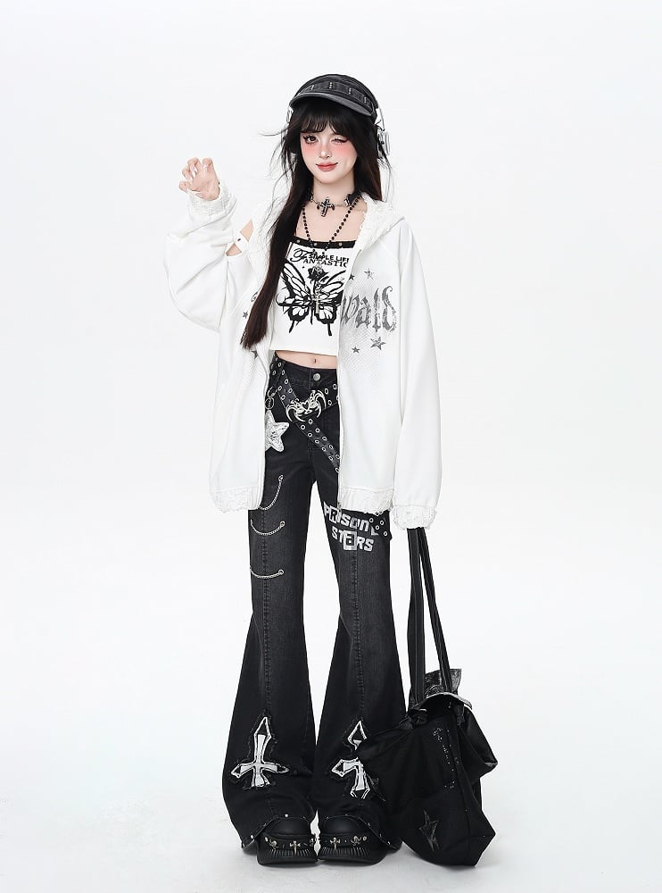 Kapuzenjacke mit Reißverschluss, Löchern im Used-Look und ausgeschnittener Schulterpartie, Weiß/Schwarz