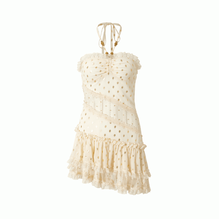 Beige/Black Neck Waist Polka-dot Vintage Halter Lace Patches