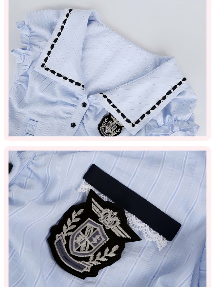 Sleeve Detailing Curved and with Hem Striped Puff Blue Ruffle Blouse