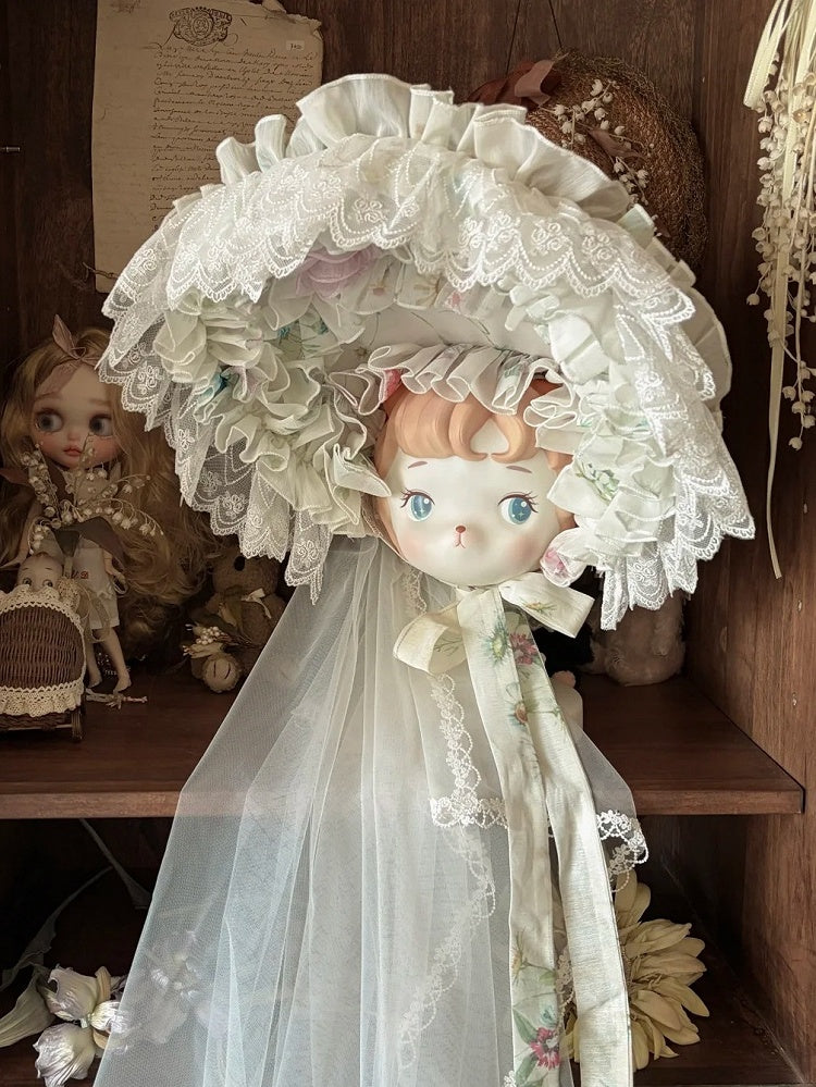 White Lace Trim Floral Print Lolita Bonnet with Veil - Sleepless Star