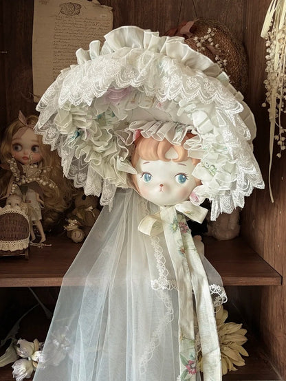White Lace Trim Floral Print Lolita Bonnet with Veil - Sleepless Star