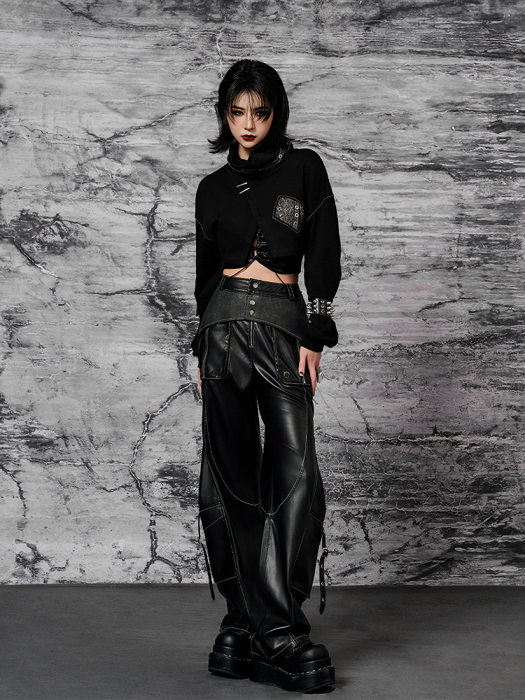 Black PU Punk Cargo Pants With Adjustable Metal Straps