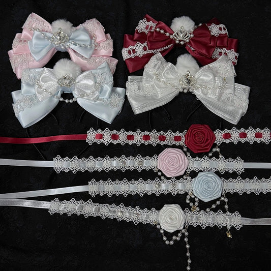 Floral Headpieces KC Set - Four-Color Necklace Lace Hime Chokers Lolita Bow