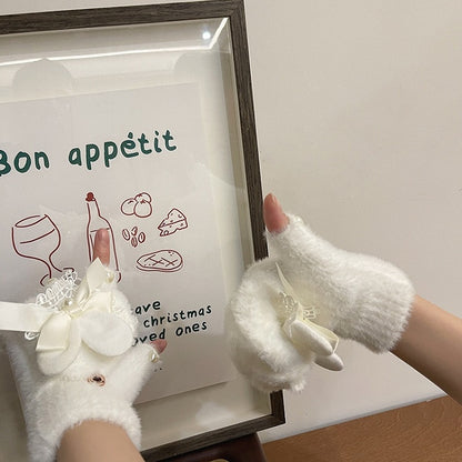 Schwarz/Weiß Niedliche Hasenohren Schleife Herz Perlen Spitze Details Plüschhandschuhe