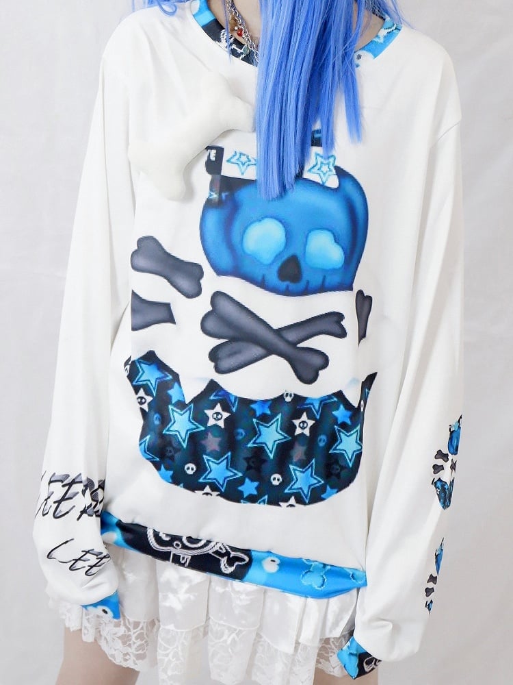 Skelett Guro WeißBlau Und Stern Sweatshirt Druck Kawaii Knochen