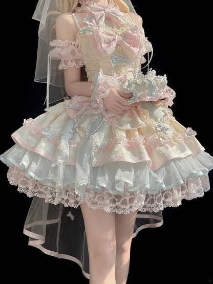 Blue Accent Sleeves Pink Tulle Puff Ribbon Bow with