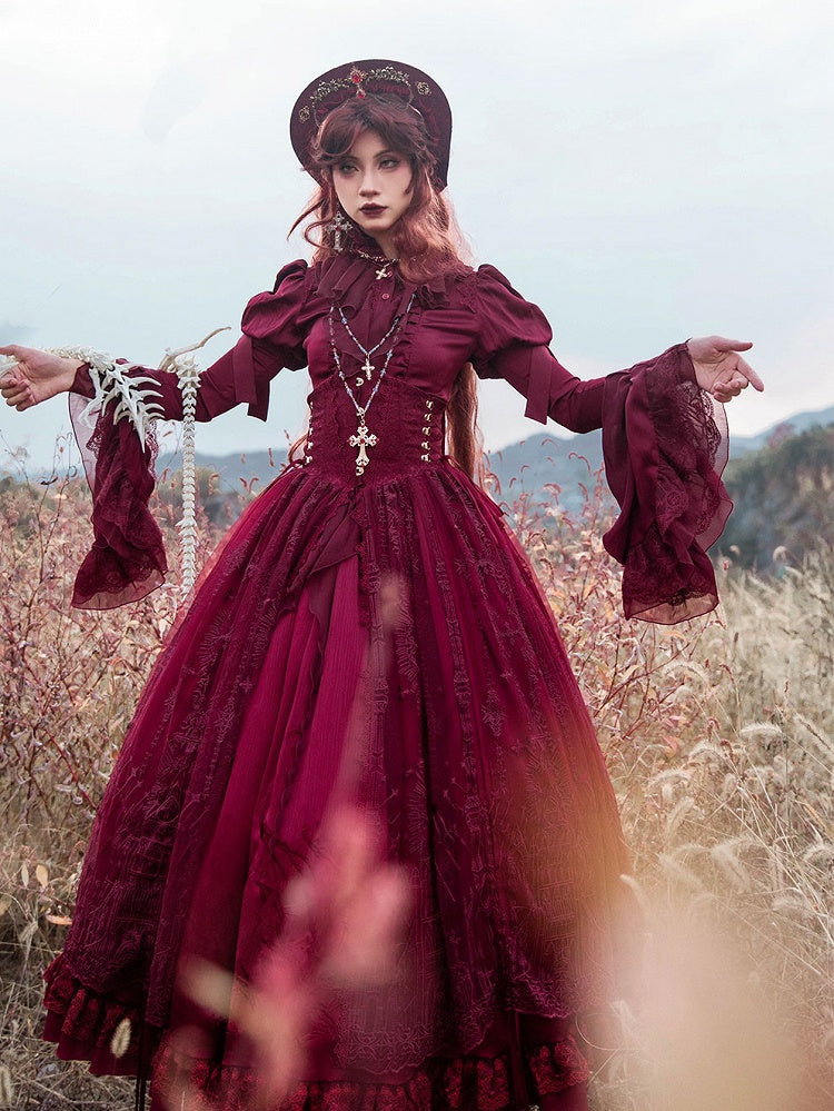Long Sleeves with Flounce Cuffs Gothic Lolita Red Blouse