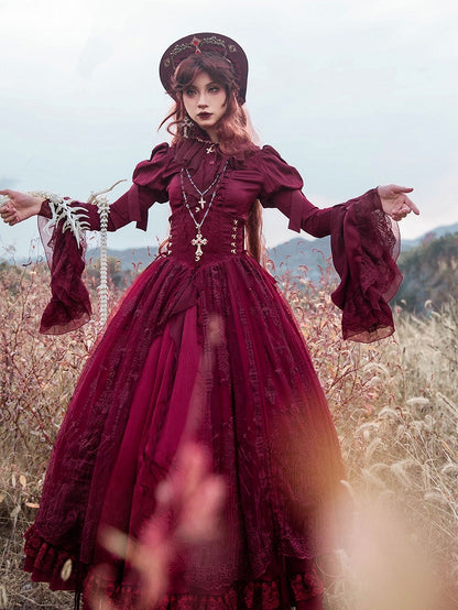 Long Sleeves with Flounce Cuffs Gothic Lolita Red Blouse