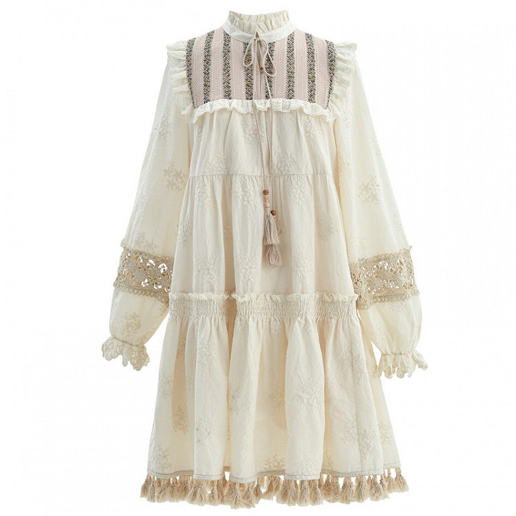 Beige Tassel Hem Dress Long/Regular Version