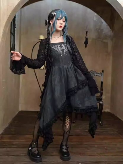 Dress Asymmetrical Tassel Hem Seahorse and Coral Embroidery Style Cami Black Cheongsam