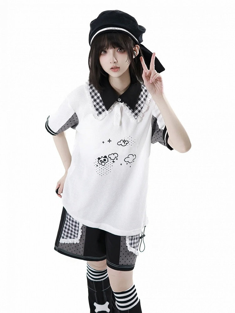 Black Plaid Patchwork Lace Trim Wide-leg Shorts White and