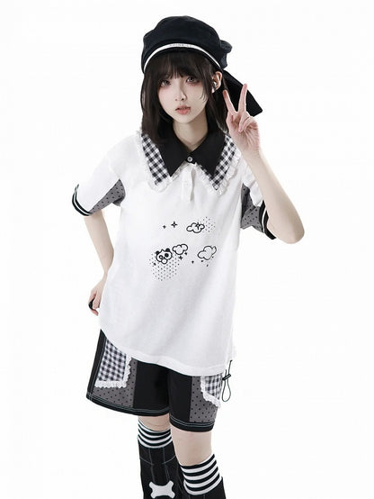 Black Plaid Patchwork Lace Trim Wide-leg Shorts White and