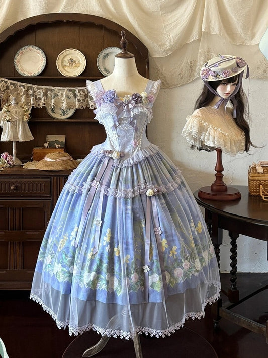 Purple Oil Painting Print Lolita Jumper Skirt Dress with Bustier-Style Boned Bodice - Haw Berry