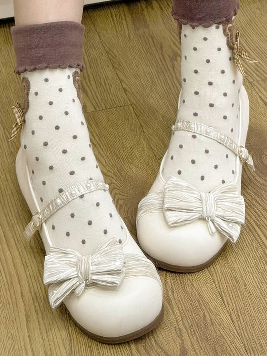 Top Buckle Toe Creamy Shoes Beaded Bow Decorated Lolita White Heart Round at